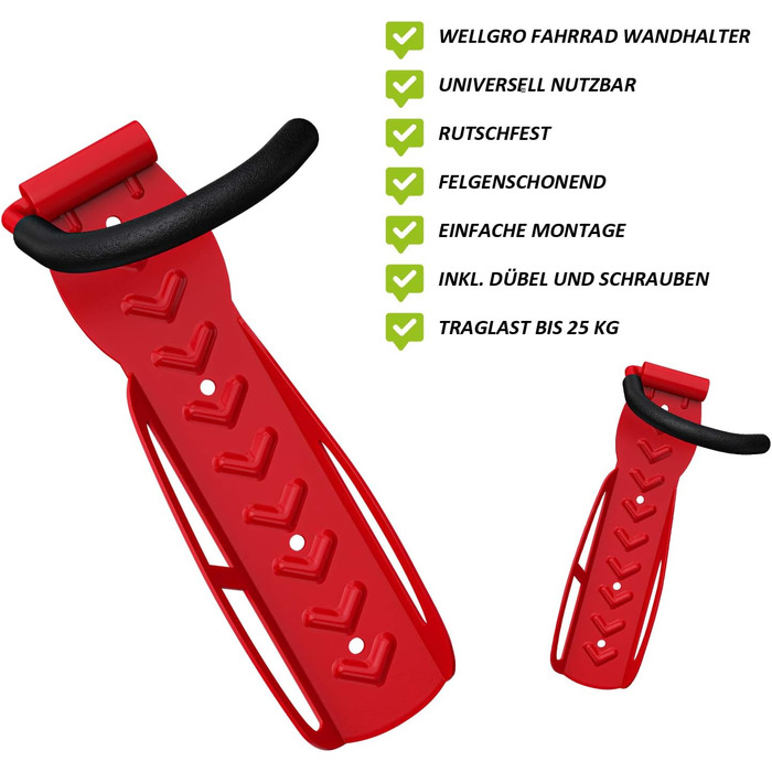 WELLGRO Тримач для велосипеда на стіну - сталевий кронштейн, гачок, стійка - колір на вибір (червоний)
