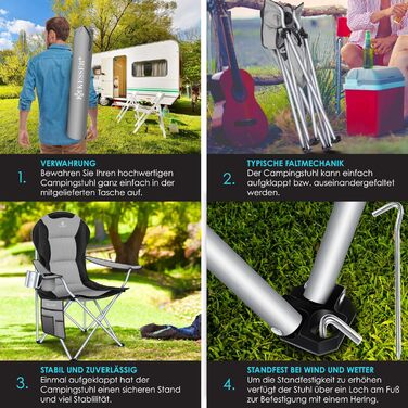 Крісло для кемпінгу KESSER® з підлокітниками, високою спинкою, місткістю до 150 кг, сіре/чорне, з підсвіткою та тримачем для напоїв