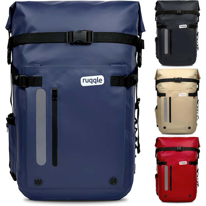 Водонепроникний рюкзак Ruqqle 45 л, RollTop, 3 зовнішні кишені, для пляжу, човнів, каяків, подорожей, кемпінгу, риболовлі та мотоциклів (Блакитний)