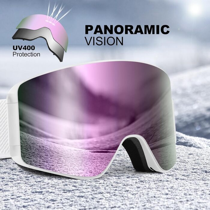 Одаленд Скі-маска для жінок та чоловіків, дітей. Снігові окуляри з антитуманним покриттям, захистом від УФ-випромінювання та магнітними змінними лінзами. Сумісні зі шоломом. Для сноуборду та катання на лижах. Чорний колір. VLT 8.8% (фіолетовий — VLT 15%)