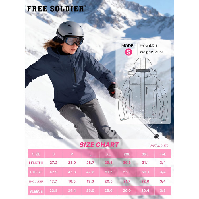 Жіноча водонепроникна куртка для сноубордингу та лижного спорту FREE SOLDIER з флісовою підкладкою та капюшоном. Тепла зимова куртка FREE SOLDIER для жінок, Mitternachtsmarineblau (L)