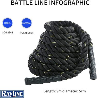 Тренувальний канат Rayline Battle Rope 15 м для фітнесу, бодібілдингу, аеробіки, кросфіту, силових тренувань