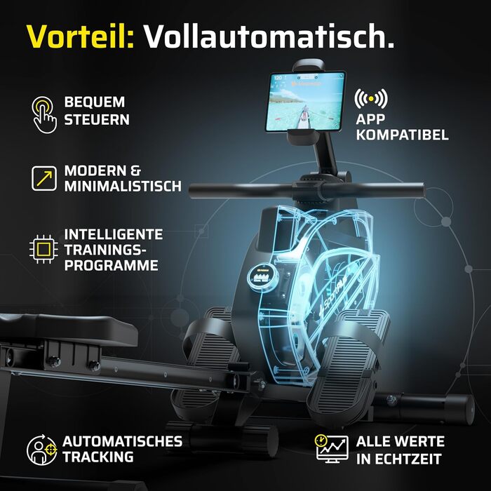Гребний тренажер SportPlus для дому, складаний, з тихою магнітною системою гальмування, комп'ютер для тренувань, фітнес-обладнання для дому, Indoor гребний тренажер, сумісний з додатком (Premium)