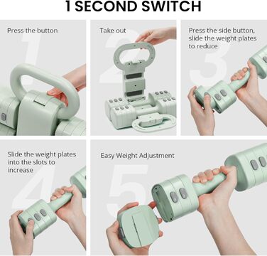 Набір гантелей 2-в-1: регульовані гантелі та м'ячики-гантелі, 4 ступені зміни ваги (1-2.5 кг), для жінок, домашні тренування, з антиковзаючим кріпленням. Зелений колір.