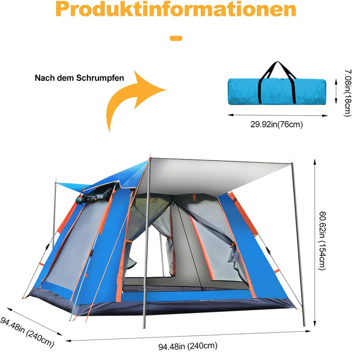Намет туристичний Ergocar 3-4 особи, водонепроникний, легкий, Pop-Up, для кемпінгу та відпочинку на природі, зелений