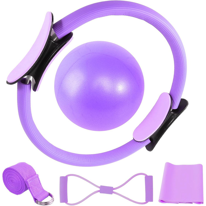 Набір для пілатесу вдома: м'яч 25 см, кільце, стрічка, гумки. Набір аксесуарів для пілатесу. Фіолетовий колір