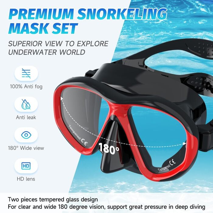 Набір для снорклінгу Findway для дорослих: маска, трубка, чорний/червоний