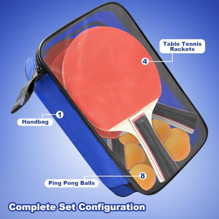 Набір для настільного тенісу: 4 ракетки, 8 м'ячів, сумка. Підходить для початківців, сімей та професіоналів. Ідеально для гри в приміщенні та на вулиці.