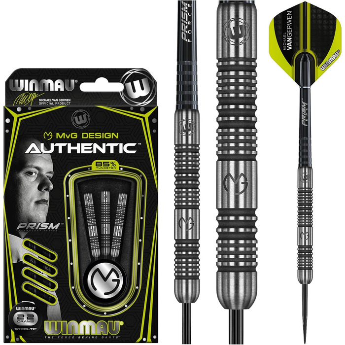 Дротики WINMAU Michael Van Gerwen MvG Authentic 22 г, професійні, вольфрамові, зі сталевим наконечником, з оперенням та хвостовиками