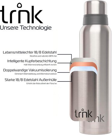 Термос trnk Outdoor polar 2, 1600 мл, нерж. сталь, BPA-free, тримає тепло 40 год, 2 чашки, для походів, стійкий до миття в посудомийці, сріблястий