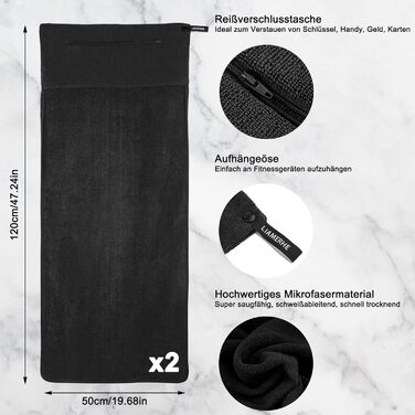 Рушники з мікрофібри Liamerhe 120x50 см (2 шт.) з кишенею на блискавці та антиковзаючою фіксацією - для фітнесу, тренажерного залу, чоловікам та жінкам