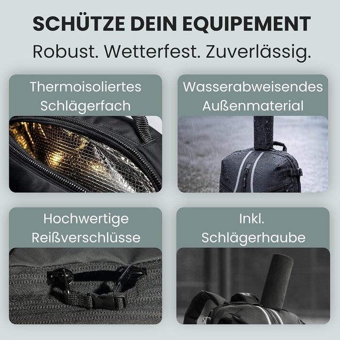 Рюкзак тенісний Otaro з відділенням для взуття, ноутбука та термо-відділенням для ракеток, 42л, чоловічий/жіночий, чорний світловідбиваючий + дощовик та мішок для одягу