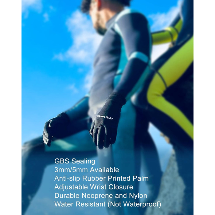 Водні рукавички XUKER 3 мм та 5 мм неопрен, п'ятипалі, теплі, для дайвінгу, снорклінгу, веслування, серфінгу, каякінгу, каное, підводного полювання, катання на лижах (3 мм, чорний)