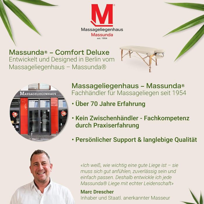 Масажне ліжко MASSUNDA Mobile Comfort Deluxe – розкладне, регульоване по висоті, широке, з дерев'яною основою, з підголовником, підлокітниками, подушкою (кремовий)