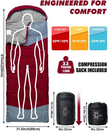 Спальні мішки для дорослих та дітей – для холодної та теплої погоди. Водонепроникний, легкий спальний мішок для кемпінгу, піших прогулянок та трекінгу (з компресійним мішком). Підходить для 3-4 сезонів, 10-20°C, 1.5KG – Чорний (10-20°C, 1.5KG-Вишневий)