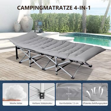 Розкладне ліжко Bonnlo для кемпінгу з матрацом – ліжко для риболовлі, відпочинку на природі, у саду, на пляжі, 190×71x36 см, сірий