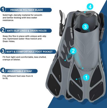 Набір для снорклінгу ZEEPORTE: маска з панорамним оглядом, антифог, ласти Trek, сухий трубка, сумка, розмір ML/XL, сірий, для дорослих