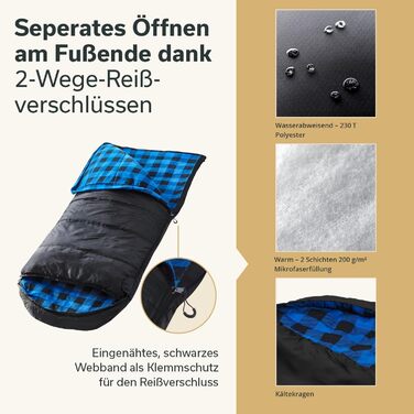 Спальний мішок Skandika Dundee Junior для дітей | Теплий, м'який, водонепроникний, 175 x 70 см, діапазон комфорту 13-3°C, чорно-блакитний в клітинку