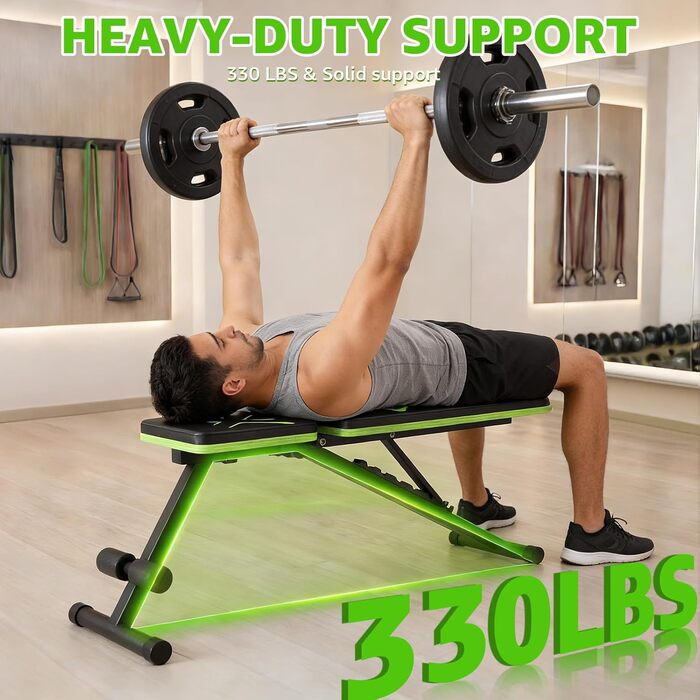 Складана лавка для тренувань з обтяженнями 330LBS, багатофункціональна, для дому, фітнесу, прес, зі змінним нахилом, зелена