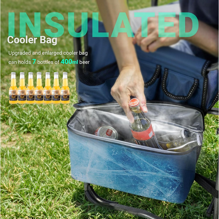 Крісло для кемпінгу OVERMONT: складне, з бічним столиком та сумкою-холодильником, до 180 кг, блакитне