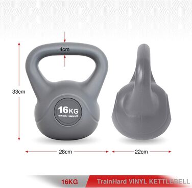 Гиря Train Hard 16 кг, сіра, студійна якість для силових тренувань, гімнастики та домашнього використання