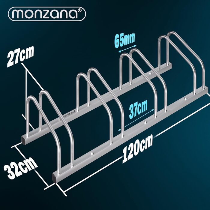 Підставка для велосипедів MONZANA® на 4 велосипеда, 37 см між колесами, для шин 30-65 мм, з нержавіючої сталі, самозатягуючі болти, монтаж на підлогу або стіну