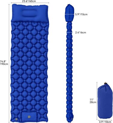 Килимок для кемпінгу YITAHOME на 2 особи, самонадувний, 195x120 см, ультралегкий, з вбудованим насосом та подушками, для подорожей (темно-сірий) (синій Yy)