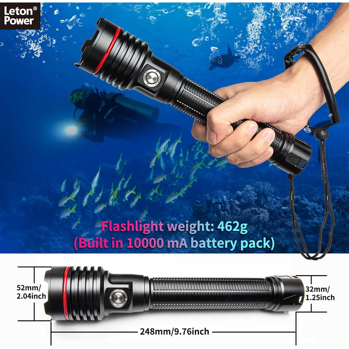 Ліхтар для дайвінгу LetonPower 2000 Lumen, 100м водонепроникний, з акумулятором Type-C, для дайвінгу та відпочинку на природі (Sm-26s)
