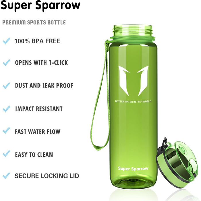Фляга для води Super Sparrow - Tritan, 350/500/750/1000 мл, без BPA - спортивна, для фітнесу, велосипеда, універу, відпочинку (750 мл, глянцевий зелений)