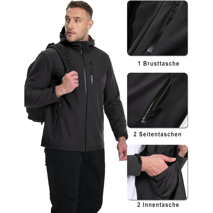 Чоловіча куртка Softshell TACVASEN: водонепроникна outdoor куртка з флісовою підкладкою, вітрозахисна та дихаюча куртка-вітровка з капюшоном для роботи, велосипеда та походів, L, чорна
