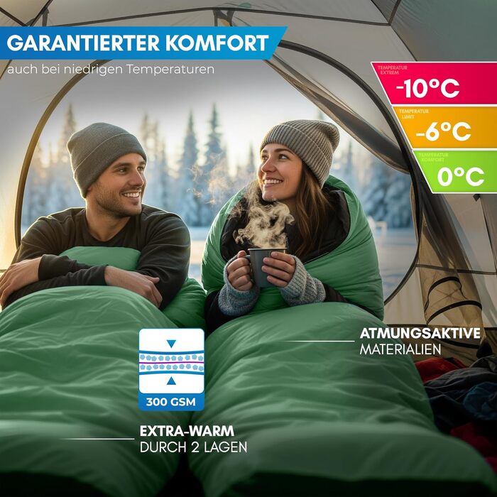 Сплячий мішок NORDMUT® Winter -10°C до 0°C, компресійний, для трекінгу та кемпінгу, 1.8 кг, водонепроникний, 350 GSM (зелений)