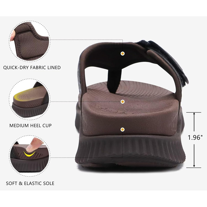 Чоловічі шльопанці KuaiLu для відновлення та ходьби: регульовані ортопедичні шльопанці з товстою підошвою, спортивні, з амортизацією, для чоловіків. Водонепроникні, легкі, м'які, комфортні, з підтримкою склепіння стопи (темно-коричневі, 40 EU)
