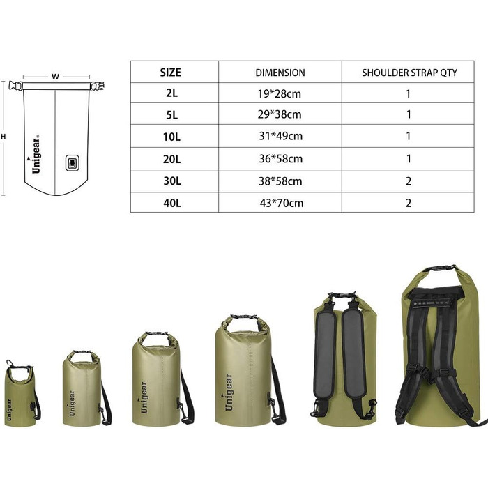 Водонепроникний мішок Unigear Dry Bag 30L (армійний зелений) – 2L/5L/10L/20L доступні – для каякінгу, риболовлі, кемпінгу та пляжу