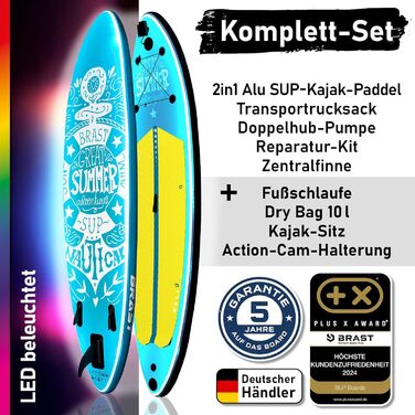 Надувний SUP Board BRAST з LED-підсвічуванням | Комплект для станд-ап паддлінгу | 320x81x15 см | 4 дизайни | LED-підсвічування 10 кольорів | 5 років гарантії | 2в1: весло + сидіння для каяка | Тримач для Action-Cam | Петля для ноги (Summer Petrol)