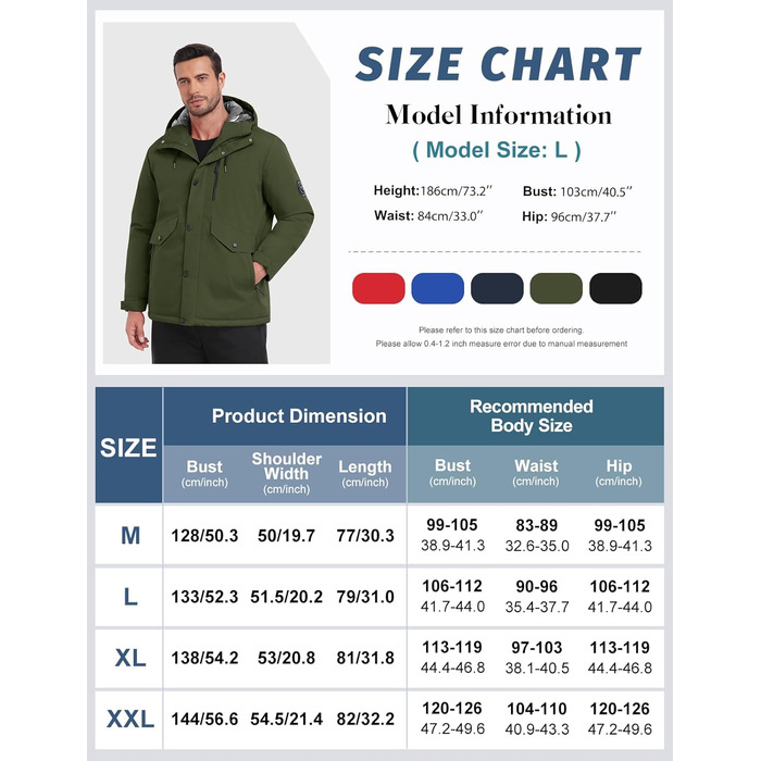 Зимова куртка для чоловіків, водонепроникна, тепла, з капюшоном та компасом (M) - Military Green