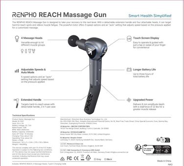 Масажний пістолет RENPHO Reach Mini з подовженою ручкою, світлодіодним дисплеєм, для масажу м'язів і релаксації, сірий, ідеально для домашнього використання та подарунка