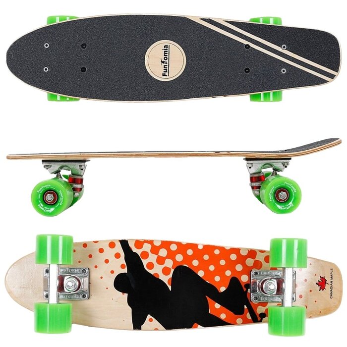 Скейтборд круїзер FunTomia Mini-Board 57см, канадський клен (7 шарів), підшипники ABEC-9, помаранчевий з зеленими колесами