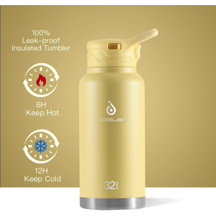 Термос IDEUS з нержавіючої сталі, 950 мл, жовтий. Спортивна пляшка-термос з подвійними стінками та надійним кришкою.