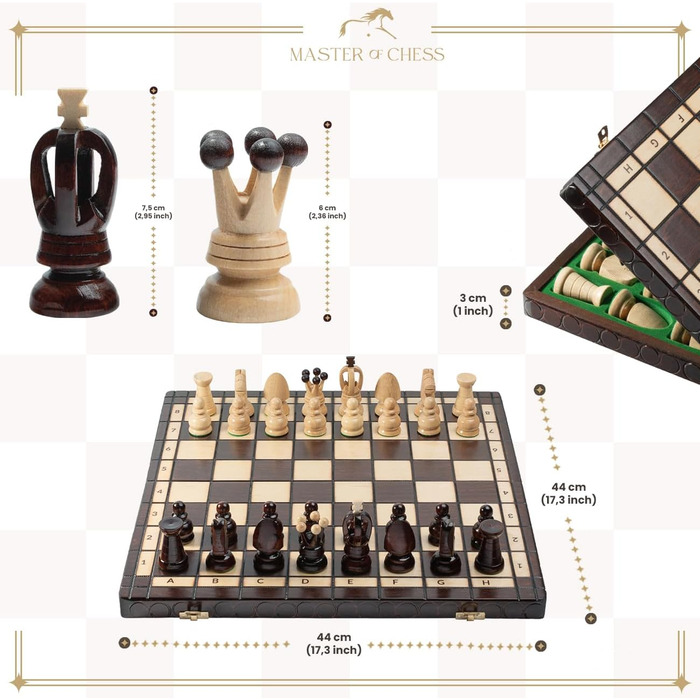 Шахи ROYAL Master з дерева 44 см — ручна робота, великий шаховий набір з фігурами для дорослих і дітей, високоякісна дерев'яна дошка