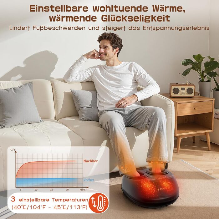 Електричний масажер для ніг Shiatsu з пультом дистанційного керування, компресією повітря, функцією підігріву, декількома режимами, для офісу та дому, підходить до 46 розміру EU