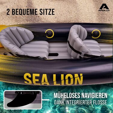 Надувний каяк Apollo Sea Lion для двох осіб, просторий 312x91x51 см, стійкий та легкий, комплект, жовтий