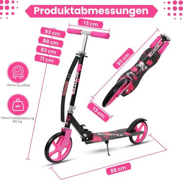 Дитячий ролер Habib Kickroller – складний, регульована висота, великі колеса, до 80 кг, для міста (рожевий)