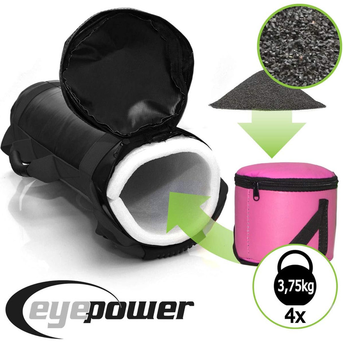 Мішок для тренувань EYEPOWER 15 кг з 4 гантелями (заповнений піском) - 6 ручок, для дому, фітнес, тренування пресу та спини, чорний 18x50 см