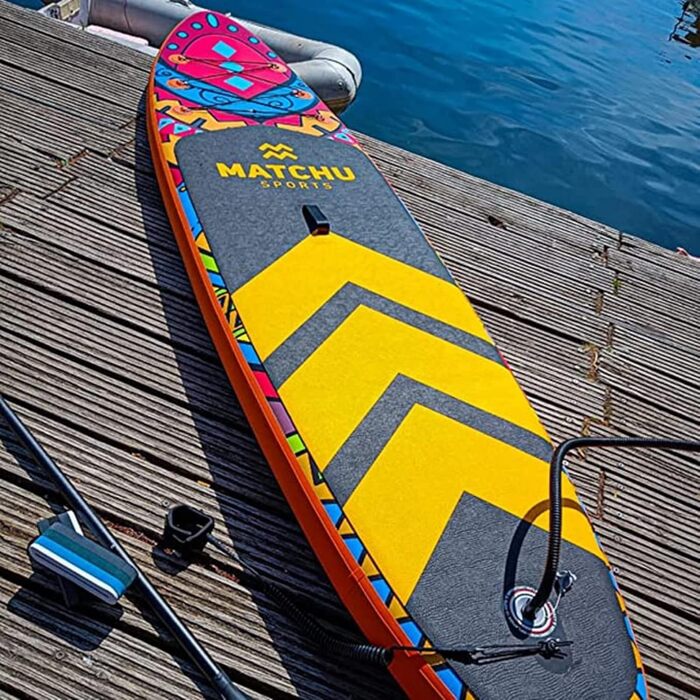 Надувна SUP-дошка MATCHU для плавання стоячи, комплект: рюкзак, ручний насос, еластичний ремінь на щиколотку, весло, ремонтний набір, навантаження до 150 кг, для 2 осіб, акумуляторна