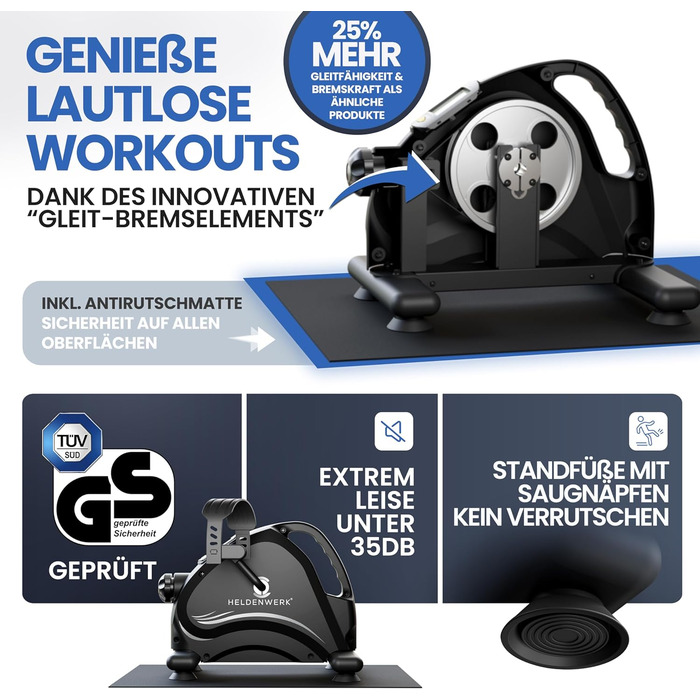 Тренажер для ніг та рук HELDENWERK Pedaltrainer Basic Set — домашній велотренажер для літніх людей та реабілітації, сертифікований TÜV/GS, з ременями та килимком