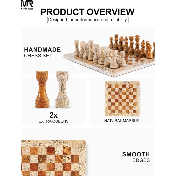 Шаховий набір з мармуру для дорослих, ручної роботи, 32 фігури, 2 додаткові королеви, коробка для зберігання, розкішна подорожна гра, елегантний подарунок для дому (кораловий & темно-коричневий)