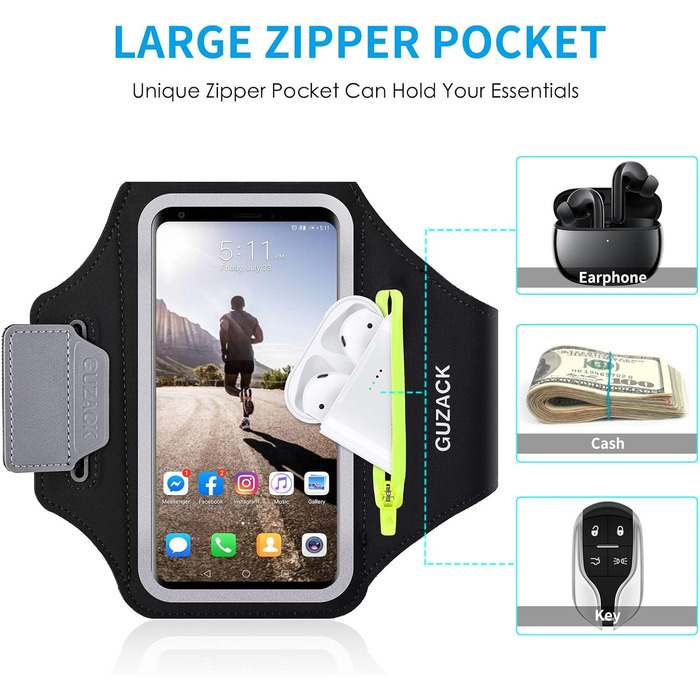 Спортивний браслет для телефону Universal, Тримач для телефону для бігу з навушниками та кишенею. Підходить для iPhone 16 Pro Max/15 Pro/14 Pro/13/12/11. Кишеня для телефону для бігу та тренувань. До 6.9 дюймів (A - Зелений замок)