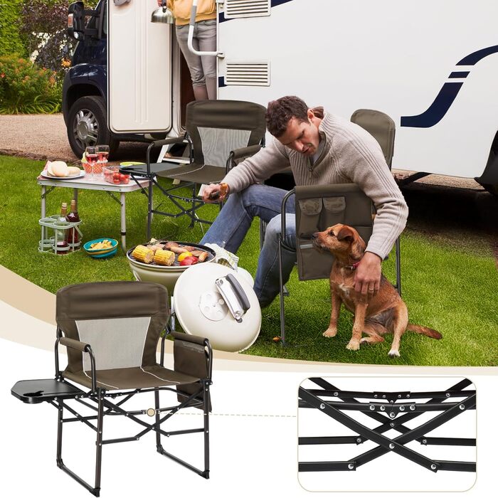 Складний туристичний стул LEADZM з бічним столиком та відділенням для зберігання, 120 кг, 600D Oxford, метал, 62x60x92 см, коричневий