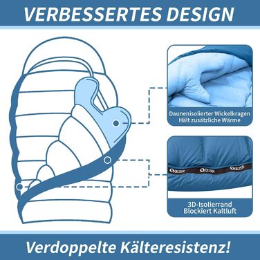 Спальний мішок Daunenschlafsack: теплий зимовий спальник з гусячим пухом 650 fill power, RDS-сертифікований. Діапазон температур: від 8°C до -30°C. Ідеально підходить для кемпінгу та альпінізму. Чорний (-10°C), Синій (-3°C)