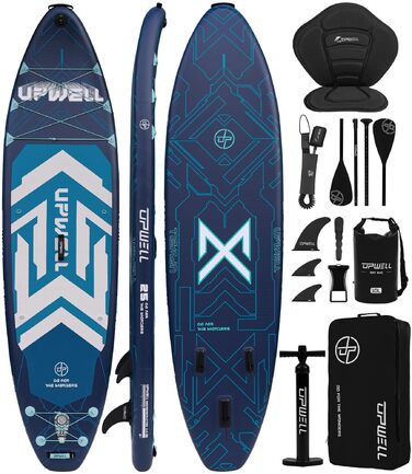 SUP дошка Upwell 350x89 см з сидінням, надувний борд для дорослих та підлітків, комплект з аксесуарами (рюкзак, весло, ліш, помпа, плавники) Chipmech Blue